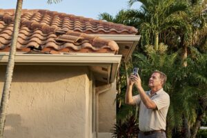 Homeowner Photographing Roof Storm Damage On A Smartphone